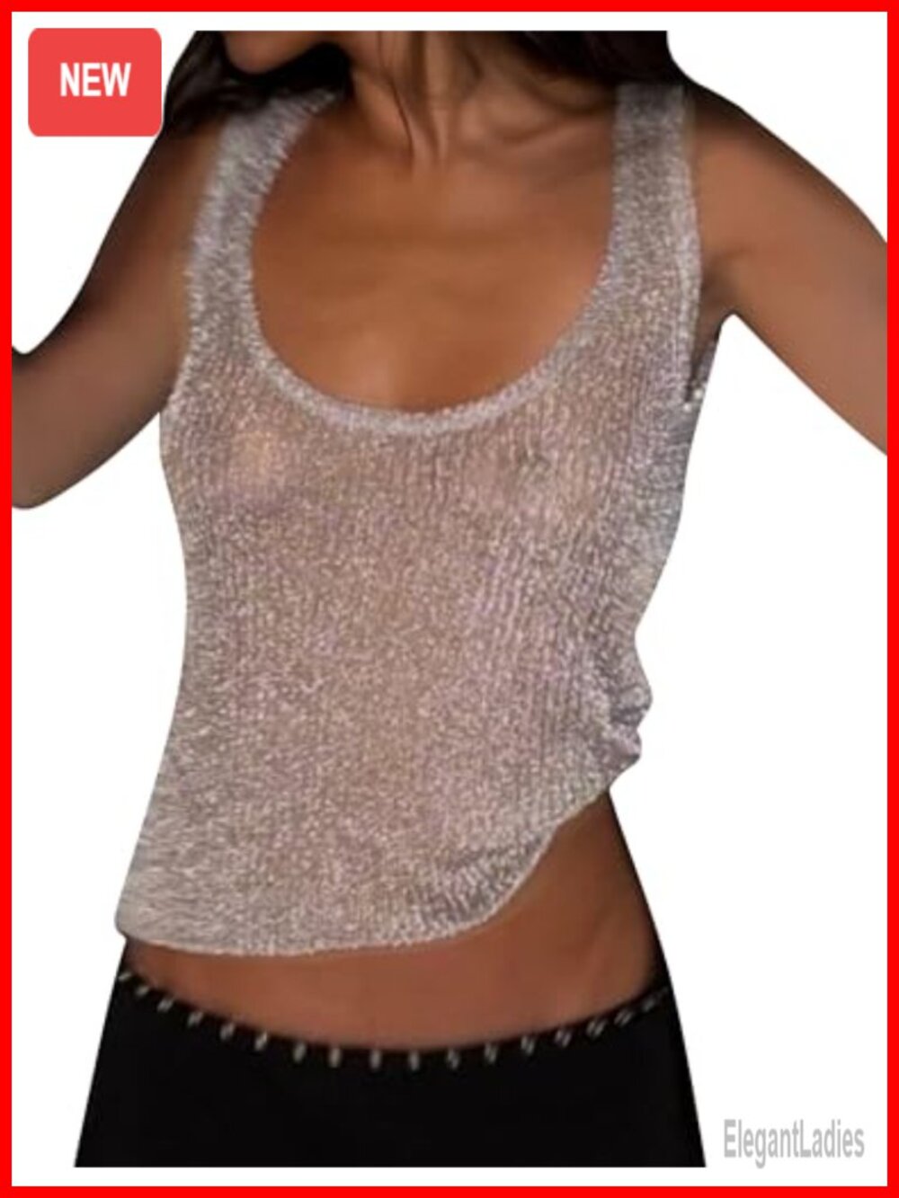 Fishnet Knit Glitter Sheer Mesh Scoop Neck Crop Tank Cami Going Out Top